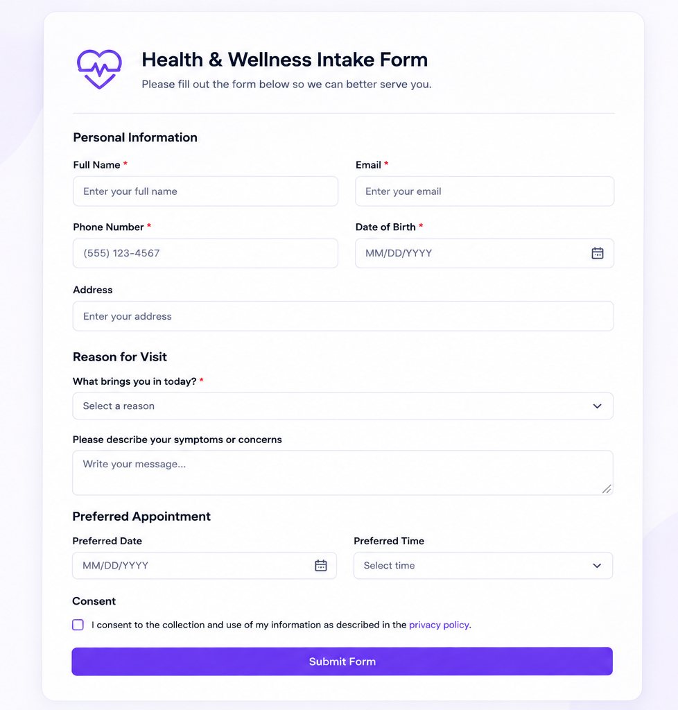 Health intake form screenshot