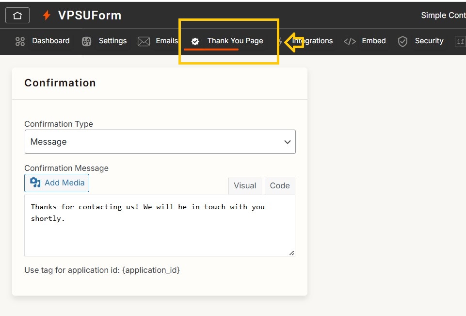 confirmation message vpsuform