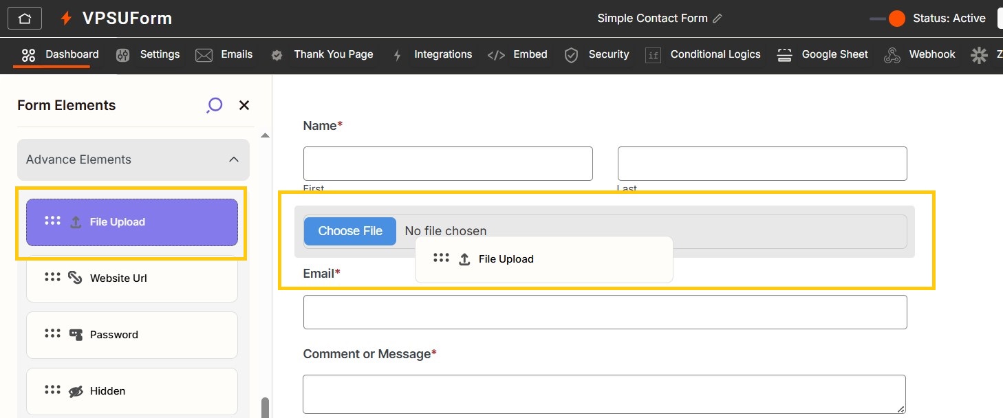 drag file upload vpsuform