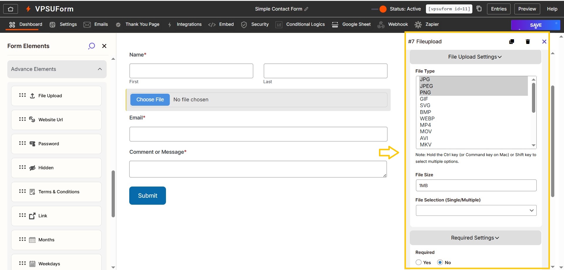 file upload setting vpsuform