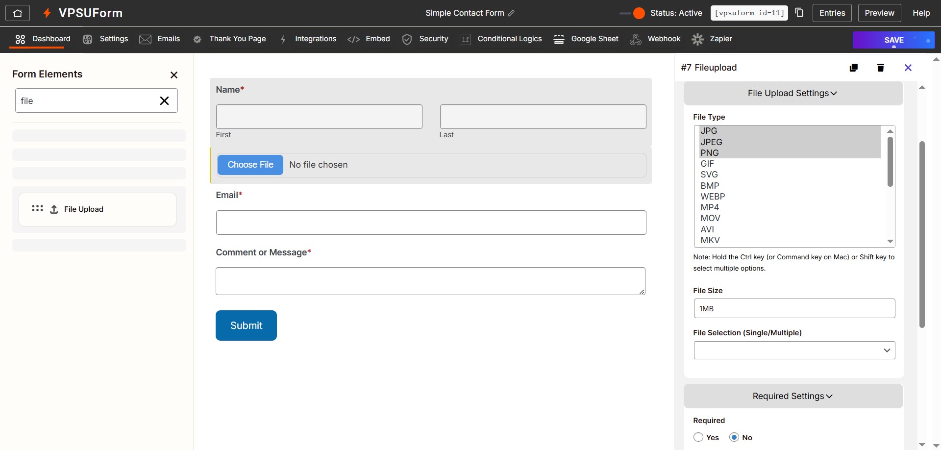 file upload vpsuform