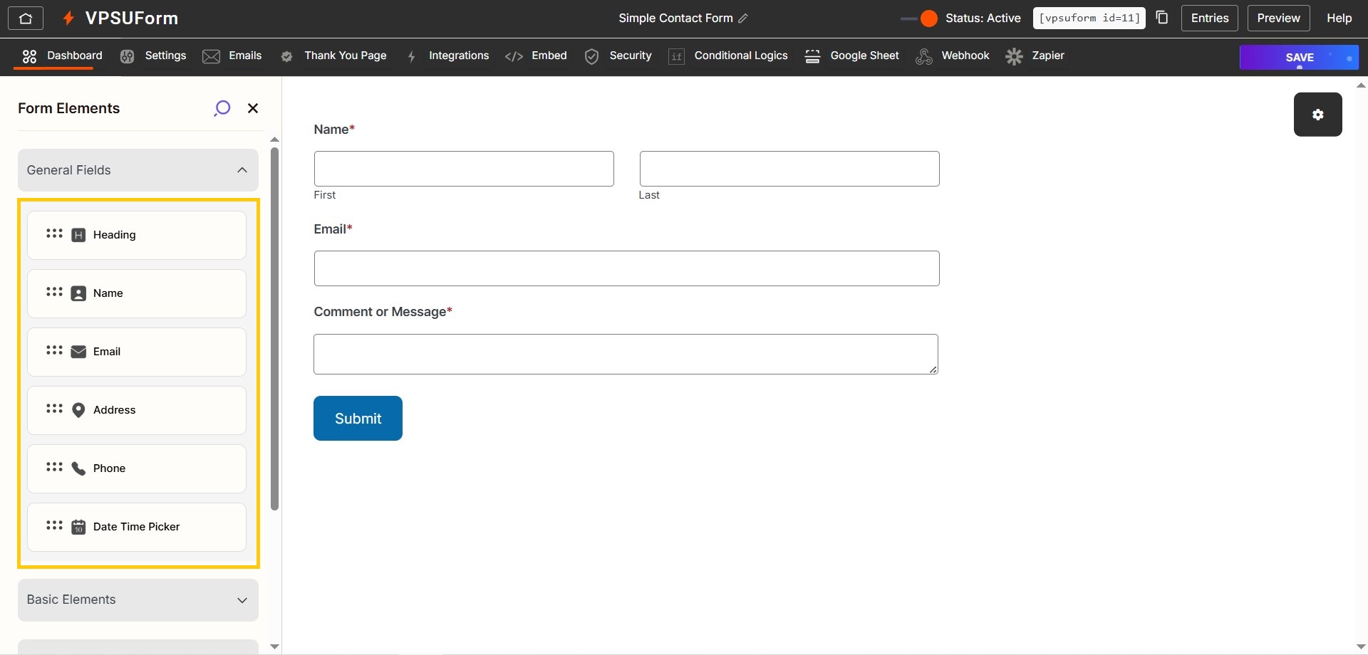 left panel shows vpsuform
