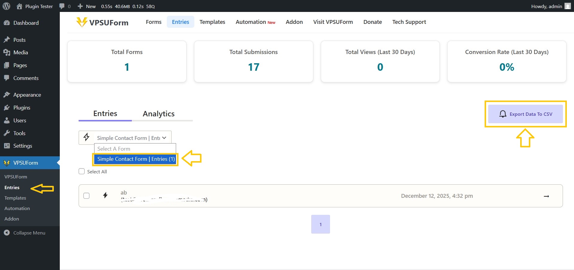 select entries vpsuform